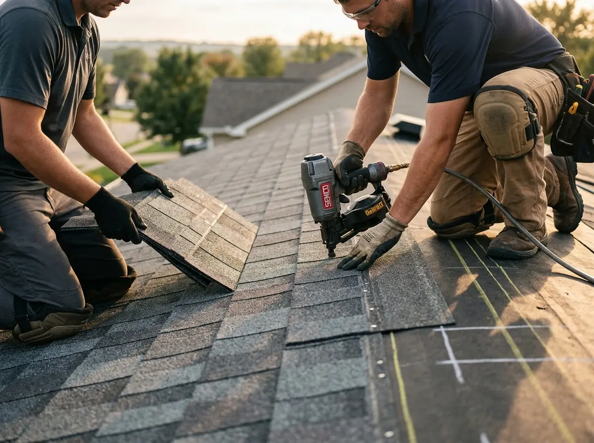 Professional roofer working on a residential roof in Allen Park